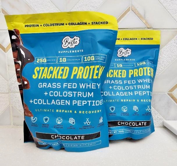 BESTIE STACKED PROTEIN GRASS FED WHEY chocolate 17oz (lot of 2) exp. 11/27