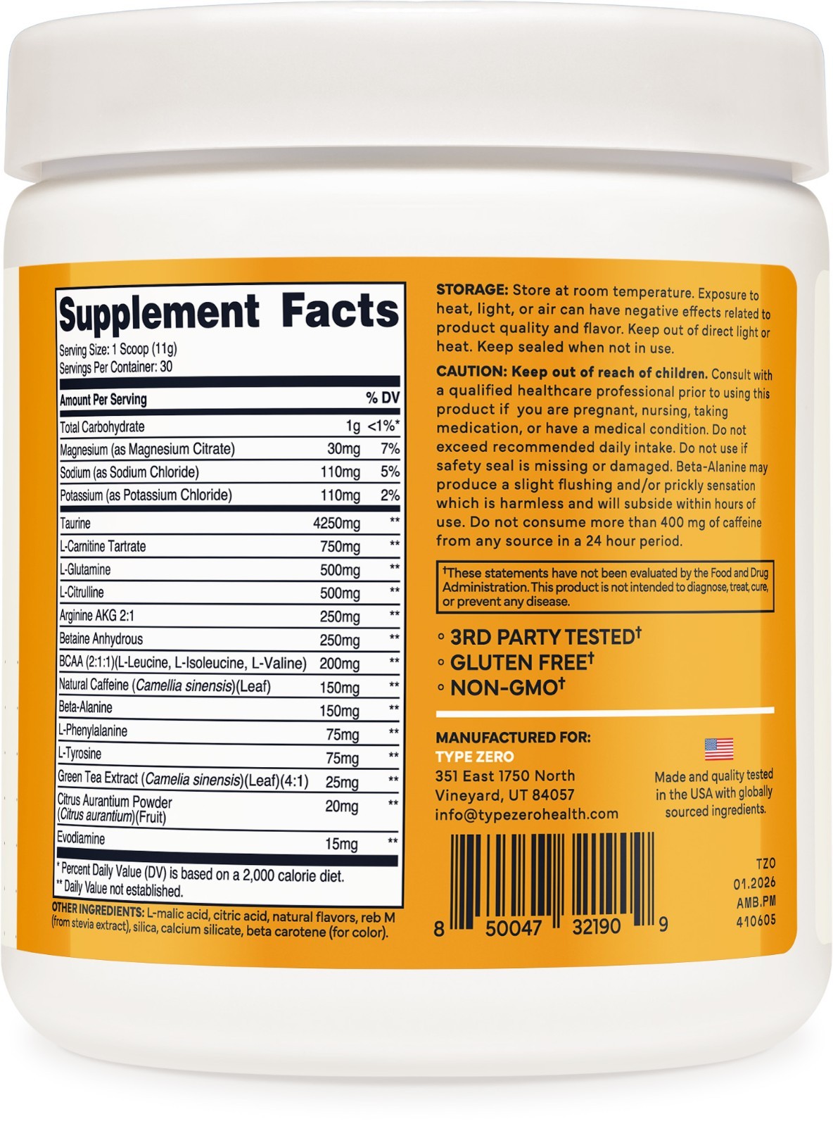 Type Zero Amino Burn (Peach Mango) 30 Servings – Pre Workout with Vegan BCAAs