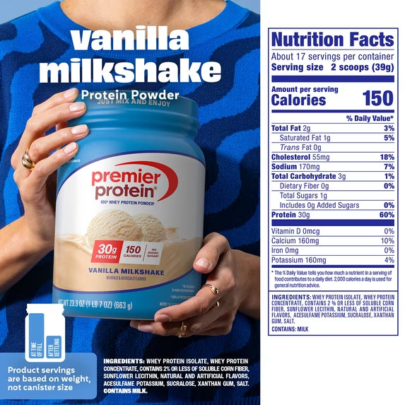 Premier Protein 100% Whey Protein Powder, Vanilla Milkshake, 30g Protein