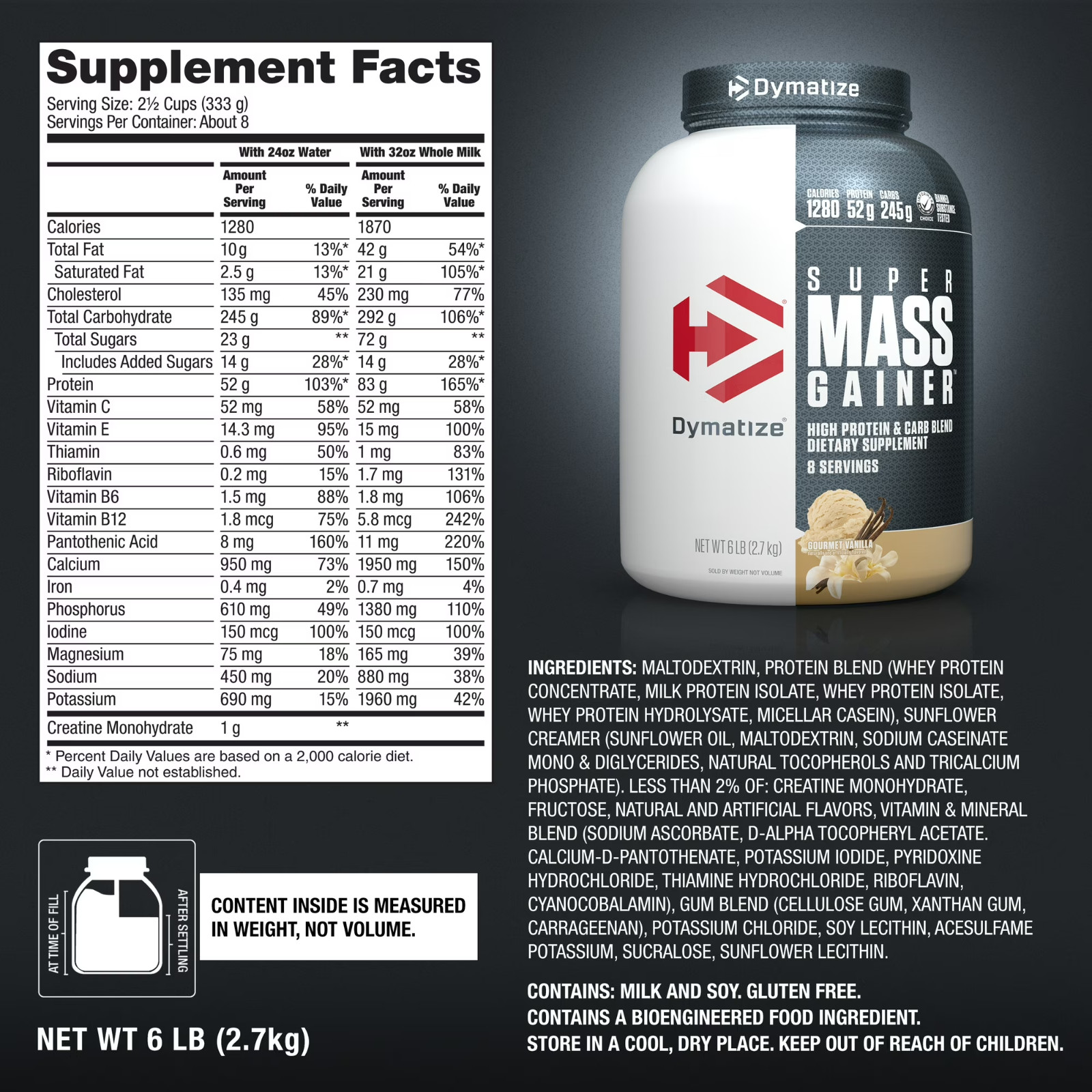 Dymatize Super Mass Gainer Protein Powder, 52g Protein, Gourmet Vanilla, 6 lbs