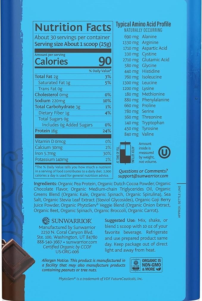 Sunwarrior Warrior Blend Organic Vegan Protein Powder BCAA Unflavored 1.65 lbs