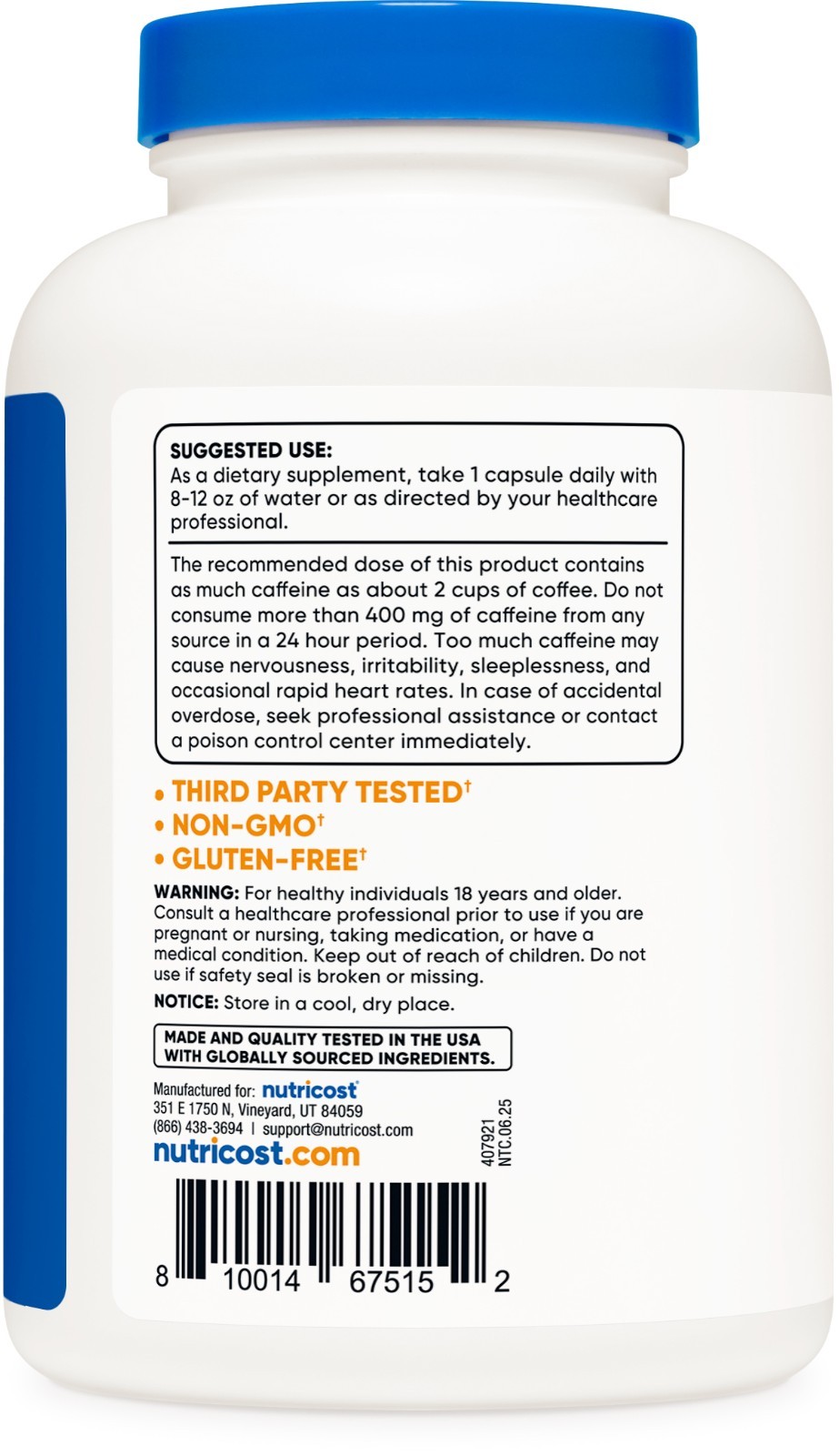 Nutricost Caffeine Pills, 500 Capsules, 500 Servings, 200mg Per Serving