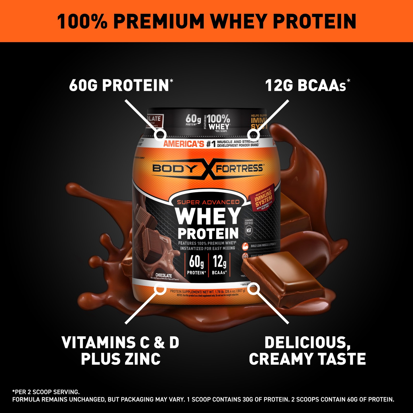 Body Fortress Super Advanced Whey Protein Powder, Chocolate, 1.78 lbs