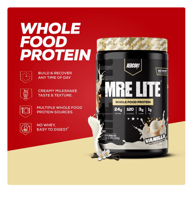REDCON1 MRE Lite Whole Food Protein Powder, Vanilla Milkshake, Whey & Lactose Fr