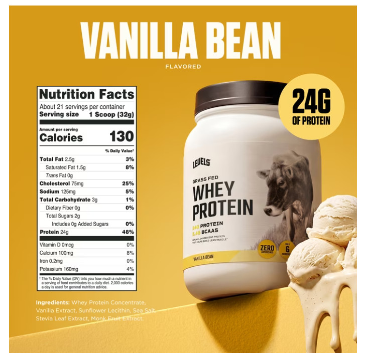 Levels Grass Fed Whey Protein Vanilla Bean 1.48lb 24g Protein