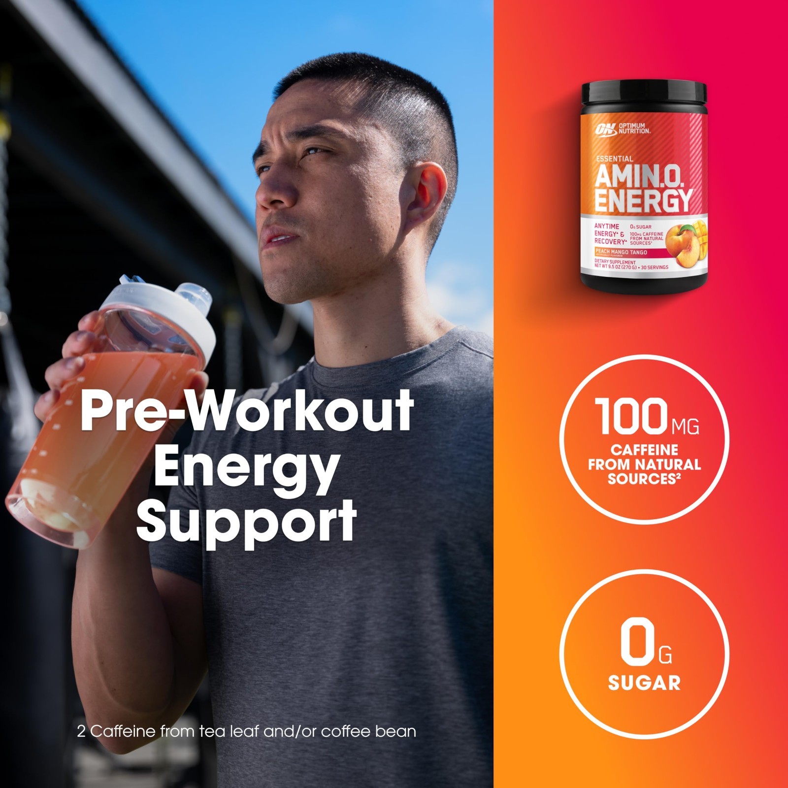 Amino Energy Powder – Peach Mango Tango, Pre-Workout, BCAA, Keto Friendly, 30 Se