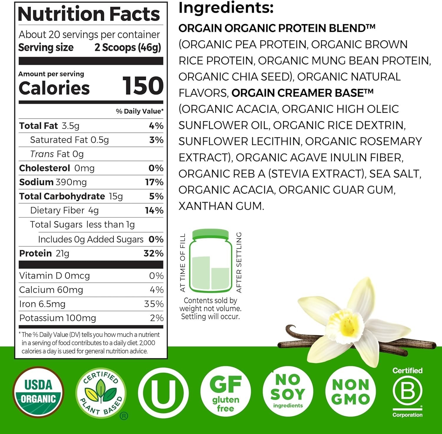 Orgain Plant-Based Orgnic Protein Powder – Vanilla Bean Flavored 43.8oz