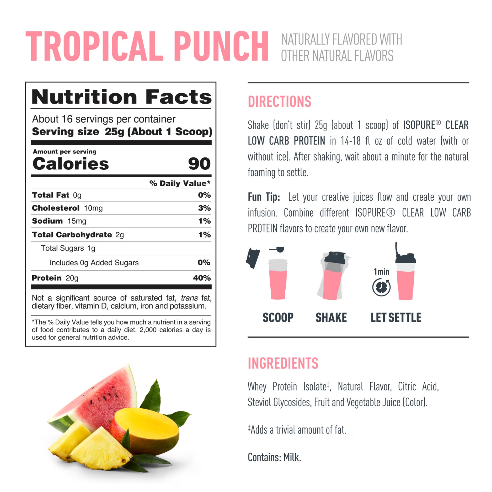 Isopure Clear Low Carb 100% Whey Protein Isolate Powder, Tropical Punch, 14 OZ