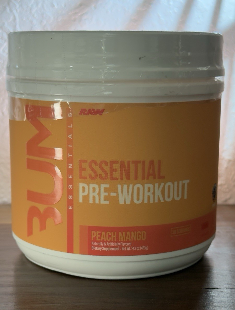 RAW Essential Pre-Workout Powder Peach Mango 14.9 oz 1 Scoop Up to 1 Month