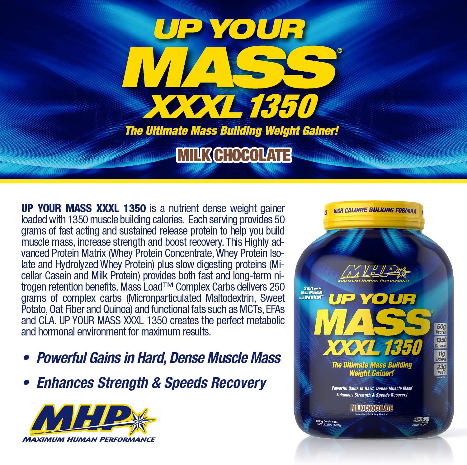 MHP UYM XXXL 1350 Mass Building Weight Gainer, Muscle Mass Gains, W/50G Protein,