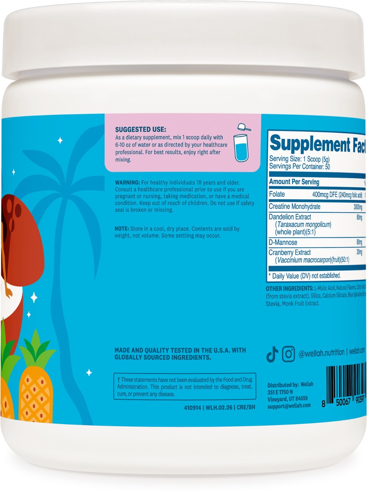 Wellah Creatine for Women (50 Servings) Blue Hawaii – 3g of Creatine Monohydrate