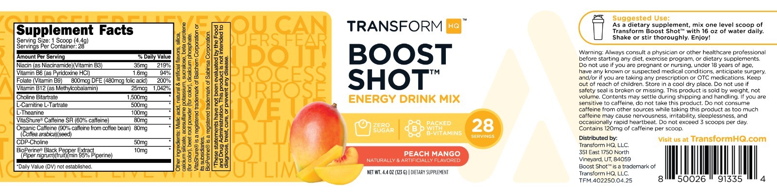 TransformHQ Everyday Boost Shot 28 Servings (Peach Mango) – Non-GMO, Gluten-Free