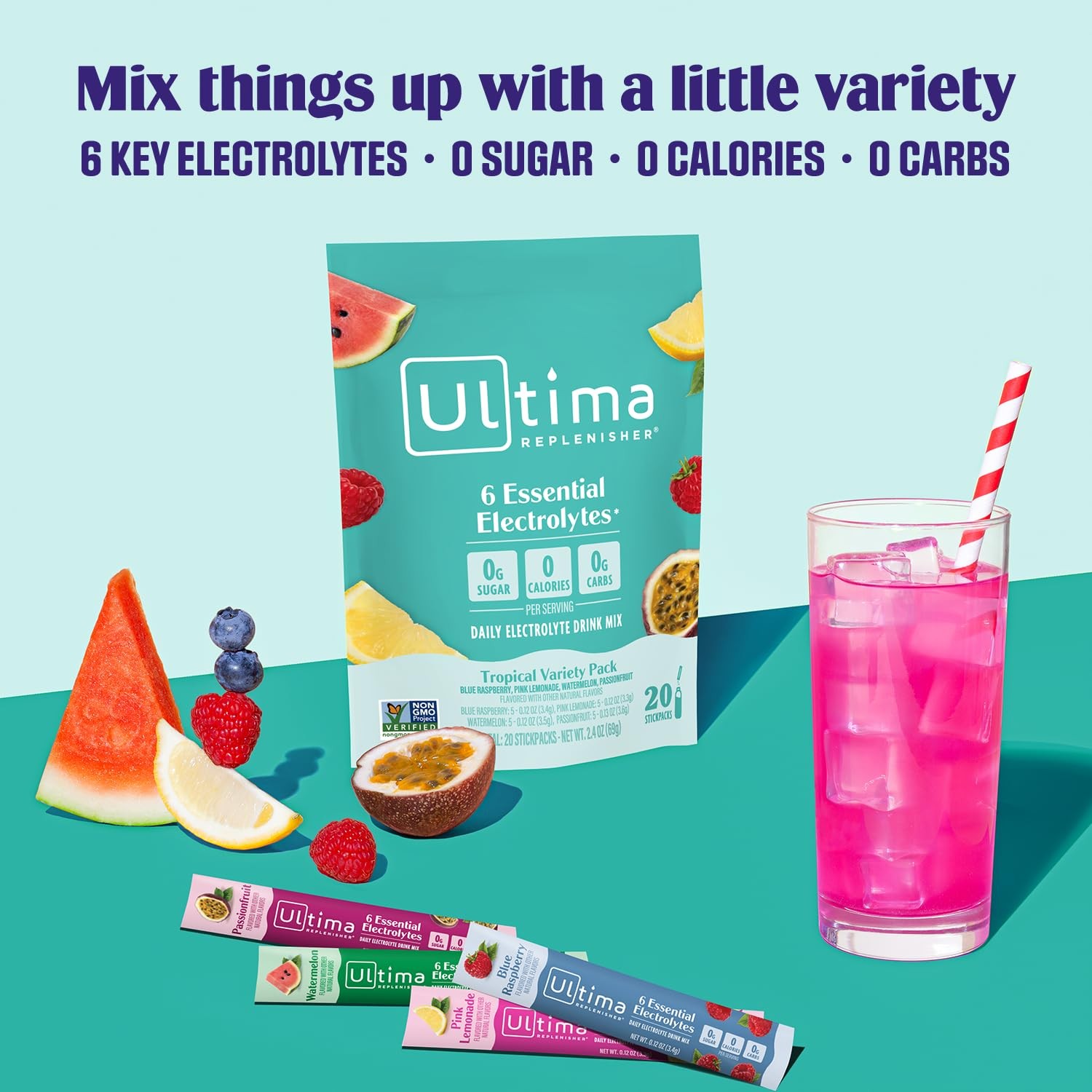 Ultima Replenisher Daily Electrolyte Powder Tropical Variety Pack 20 Stickpacks