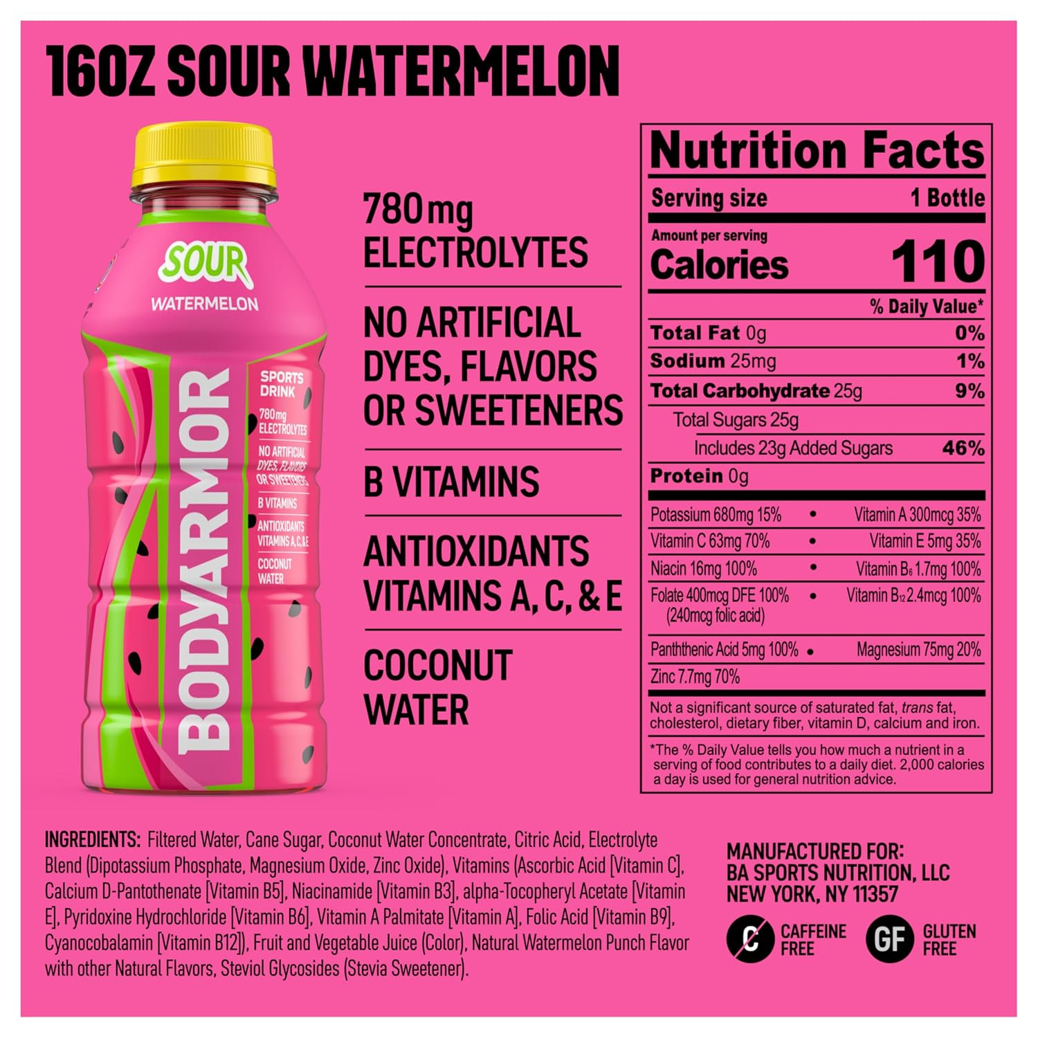 BODYARMOR Sports Drink, Sour Watermelon, 12-Pack of 16 Fl Oz Hydration Bottles