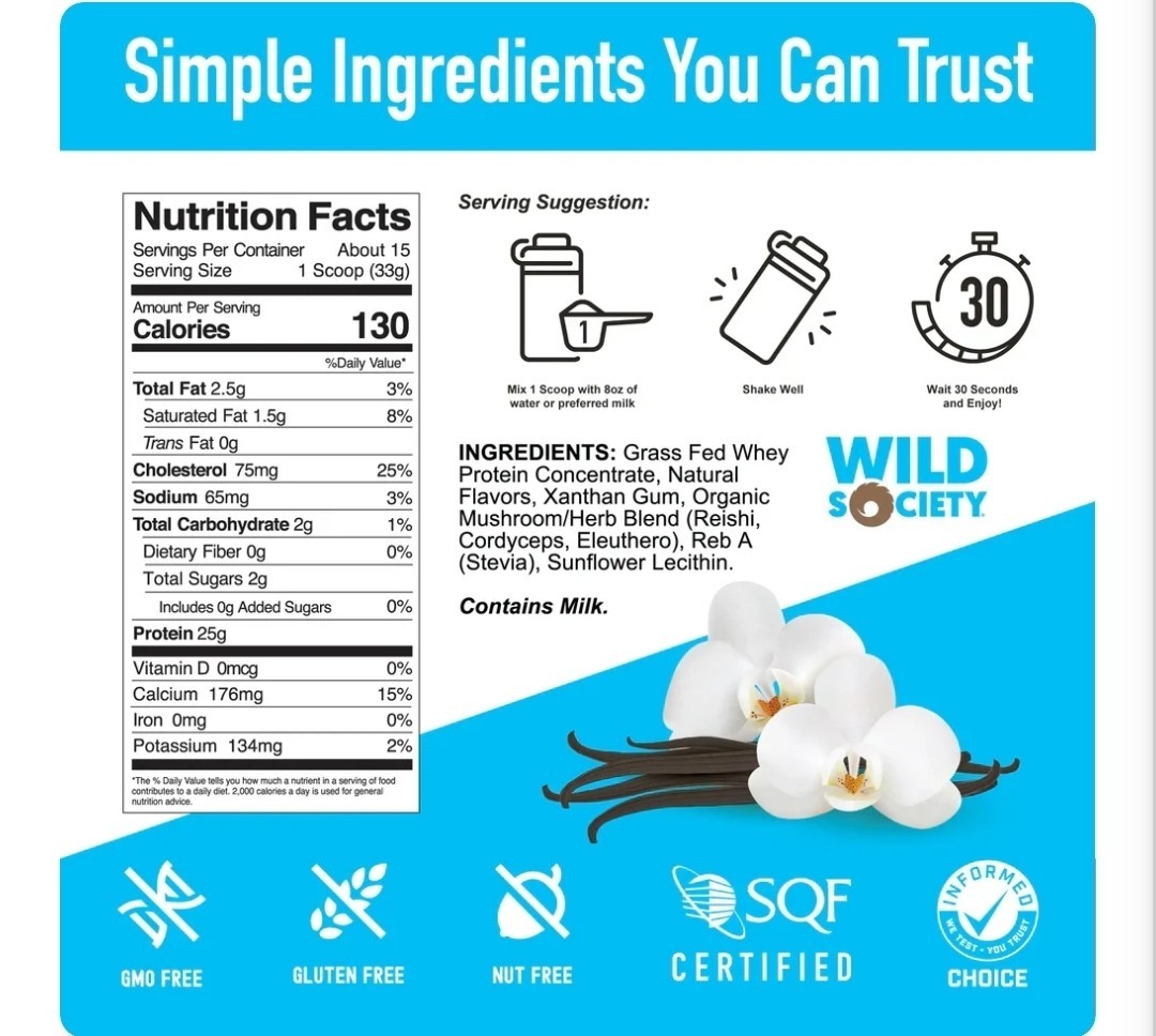Wild Society Grass Fed Whey Protein Powder Vanilla Bean (15 Servings)