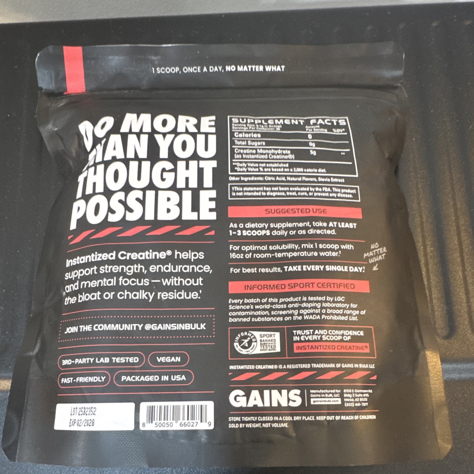 GAINS Instantized Creatine Monohydrate Powder Sour Raspberry Vegan 30 Serv 5g