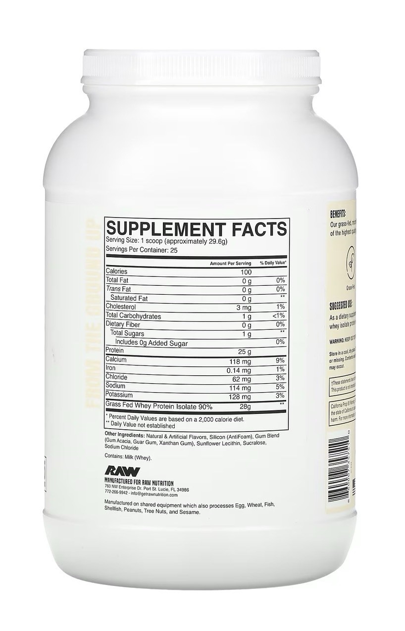 RAW Nutrition Grass Fed Whey Protein Isolate Vanilla GF Keto 25 Servs SHIPS FREE