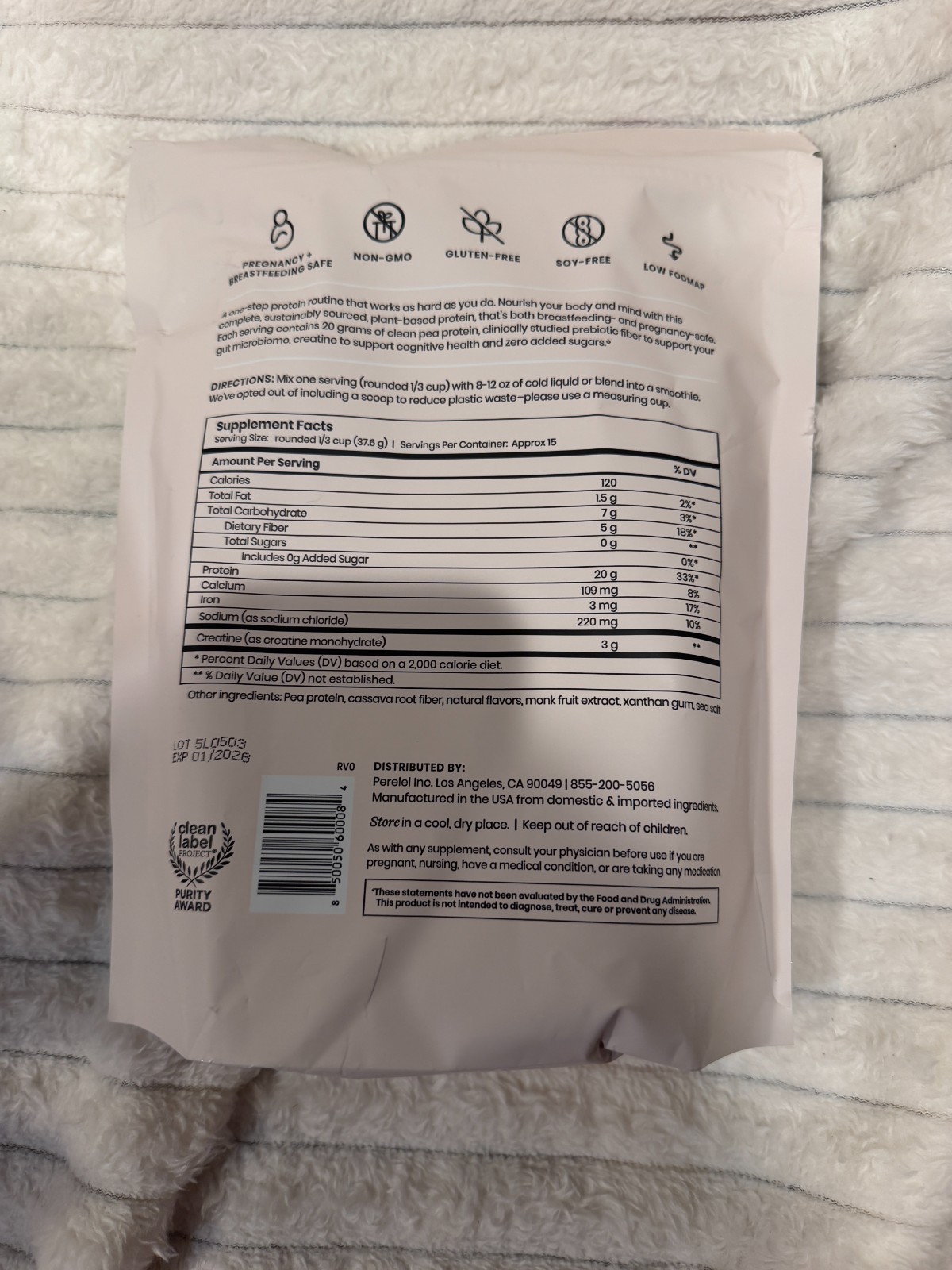 Perelel Triple-Support Protein Fiber Creatine Powder No Sugar Add Vanilla 19.9oz