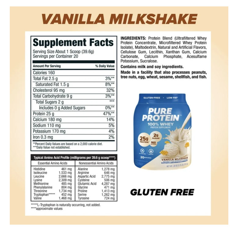 Pure Protein Whey Powder Vanilla Cream 1.75lb 25g Protein