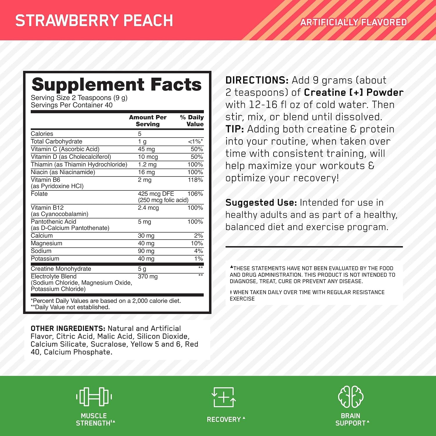 Optimum Nutrition Creatine Monohydrate Plus Powder, Strawberry Peach Flavored Cr