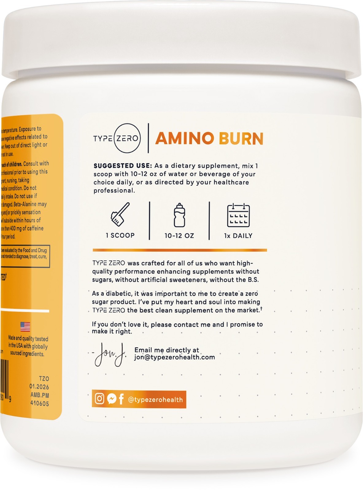 Type Zero Amino Burn (Peach Mango) 30 Servings – Pre Workout with Vegan BCAAs
