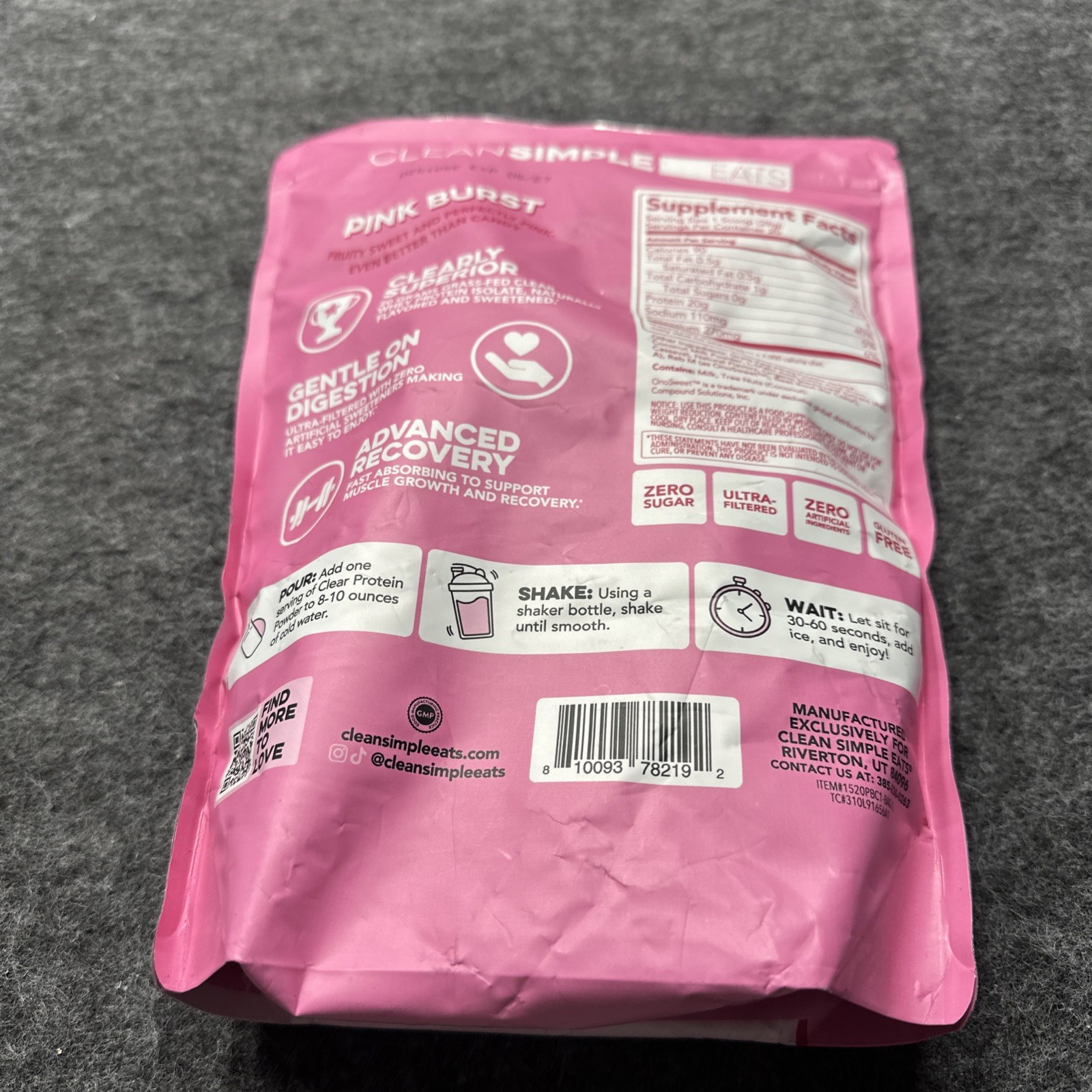 Clean Simple Eats Clear Whey Protein Powder Pink Burst Ultra-Filtered 19.8 oz