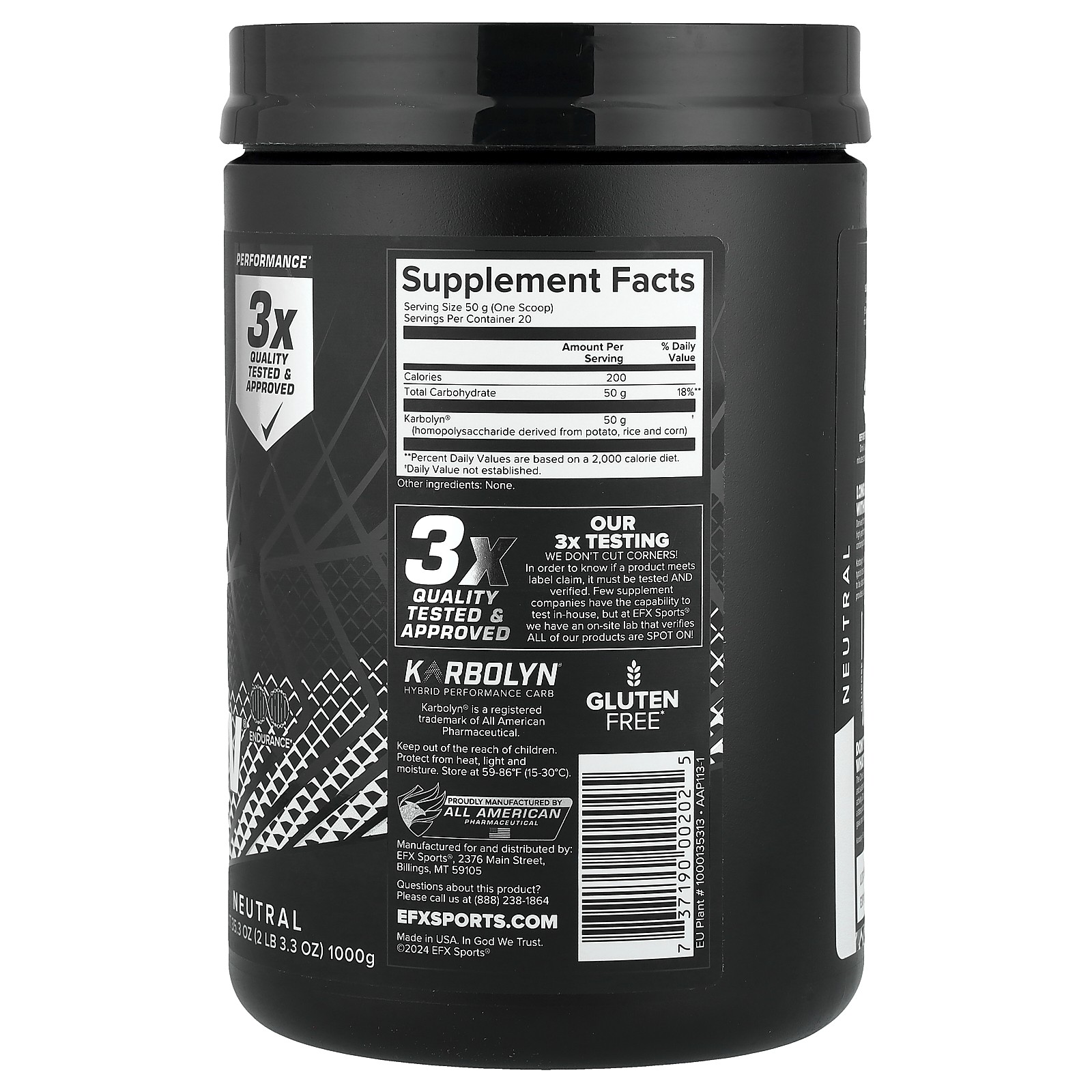 EFX Sports Karbolyn Fuel Neutral 35 3 oz 1000 g Gluten-Free, Informed Sport,