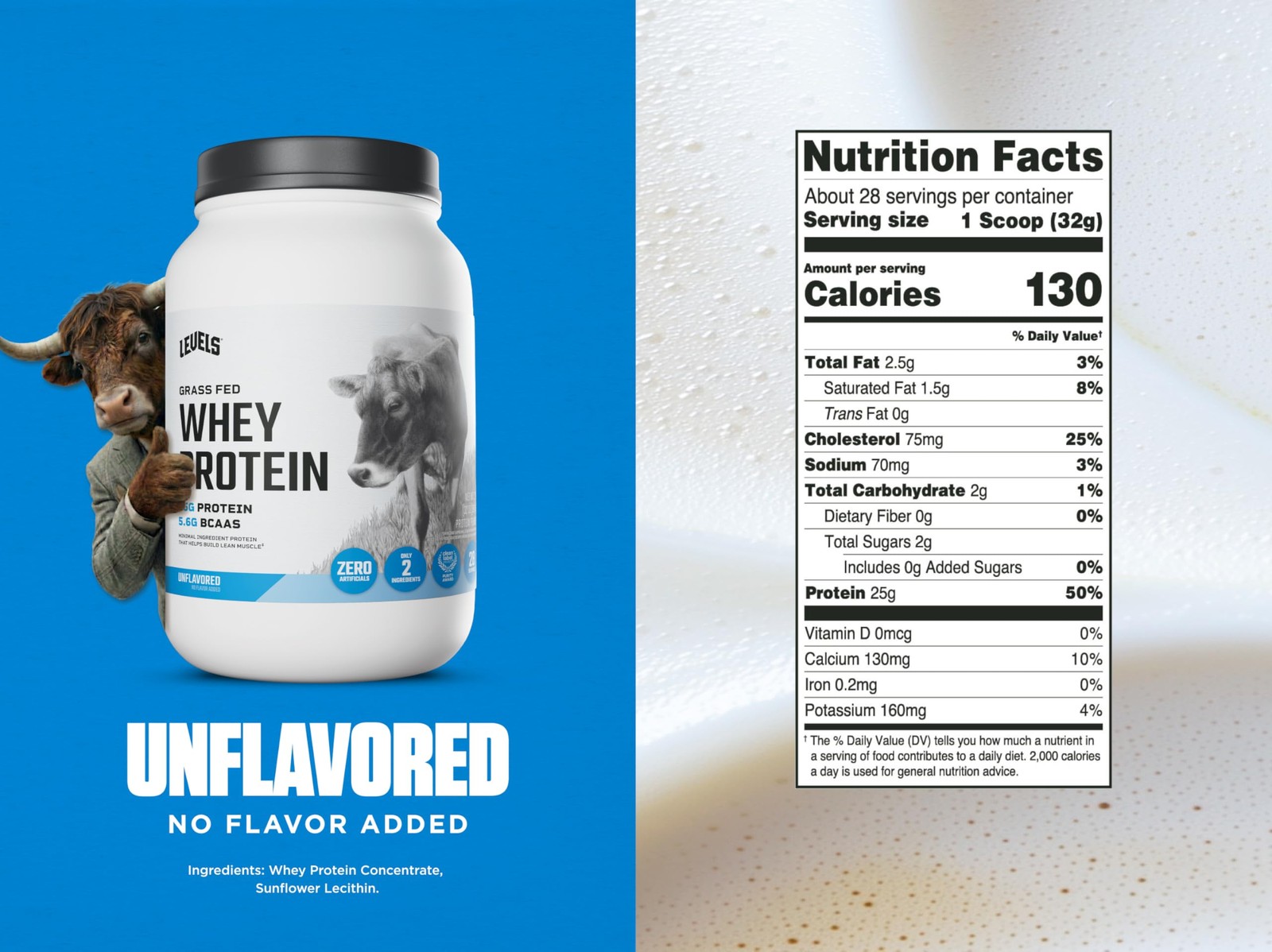 Levels Grass Fed Whey Protein Powder, No Artificials, 25G of Protein, Unflavo…