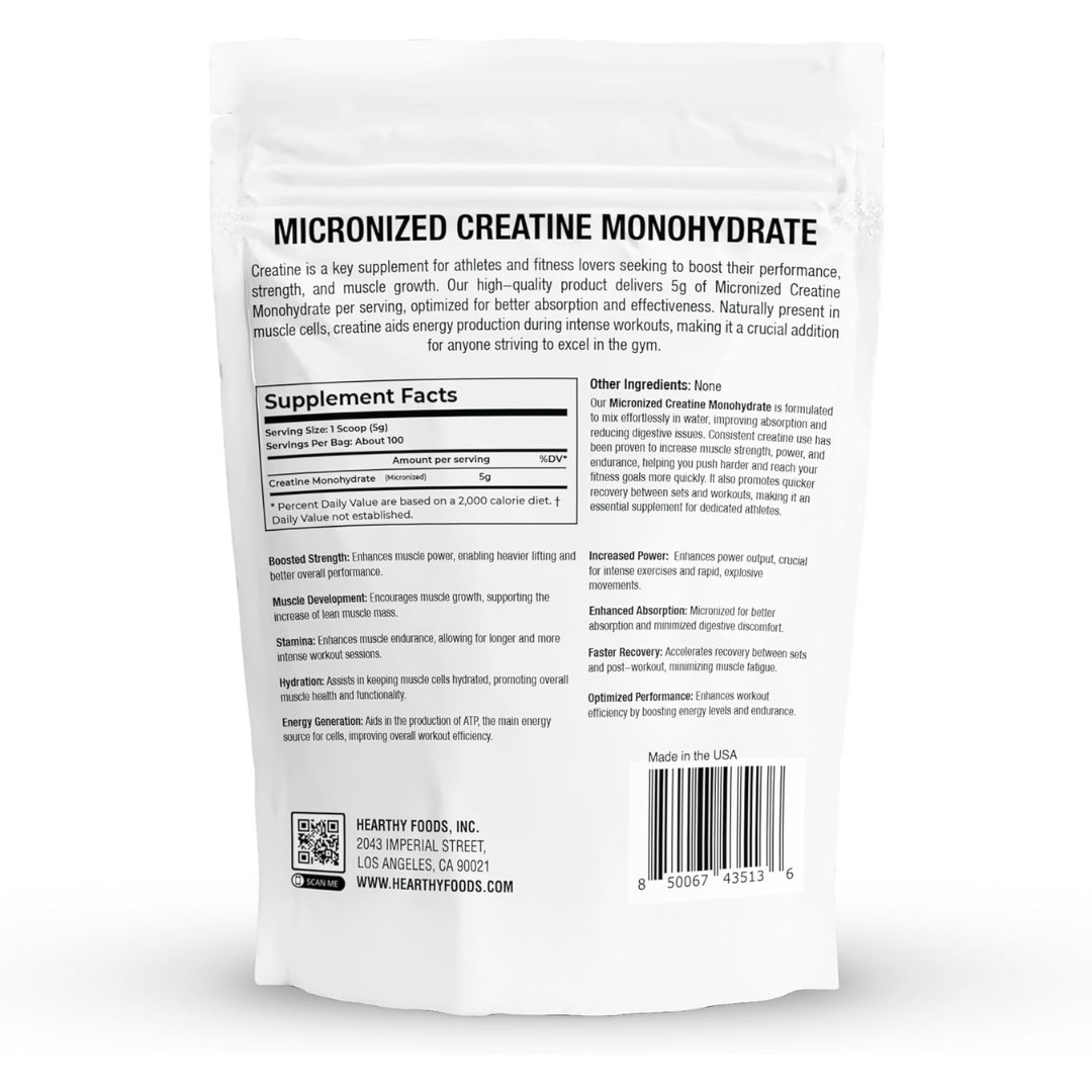 HEARTHY FOODS Creatine Monohydrate Micronized Powder 500G – 100 Servings, 5000mg