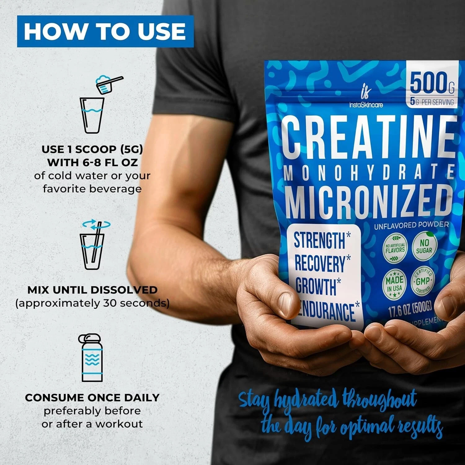 Creatine Monohydrate Powder Muscle Gain 5000mg Made in USA 1.1LB Pack of 2