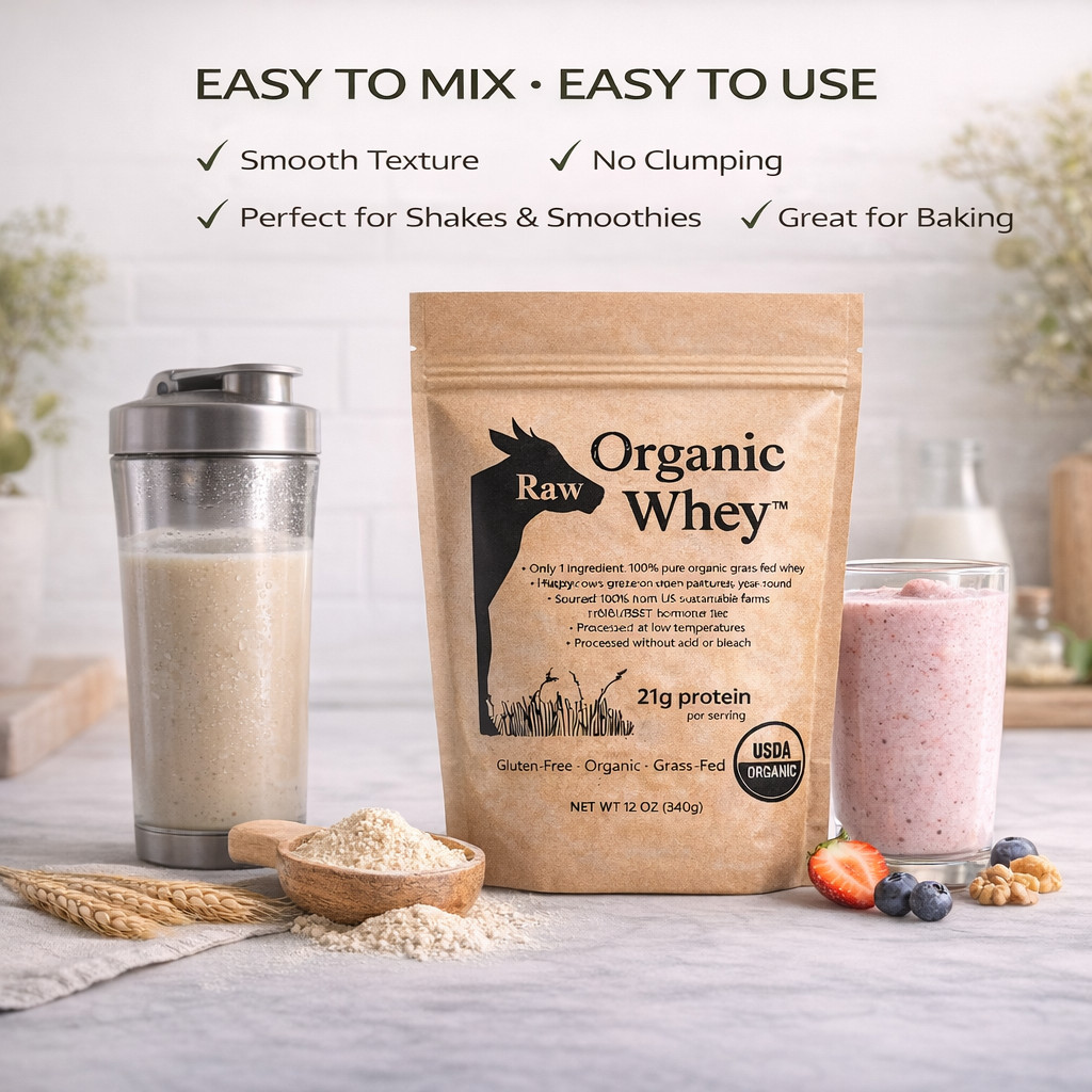 Organic Raw Whey Protein Powder Grass-Fed Unflavored Non-GMO Gluten Free 12 oz