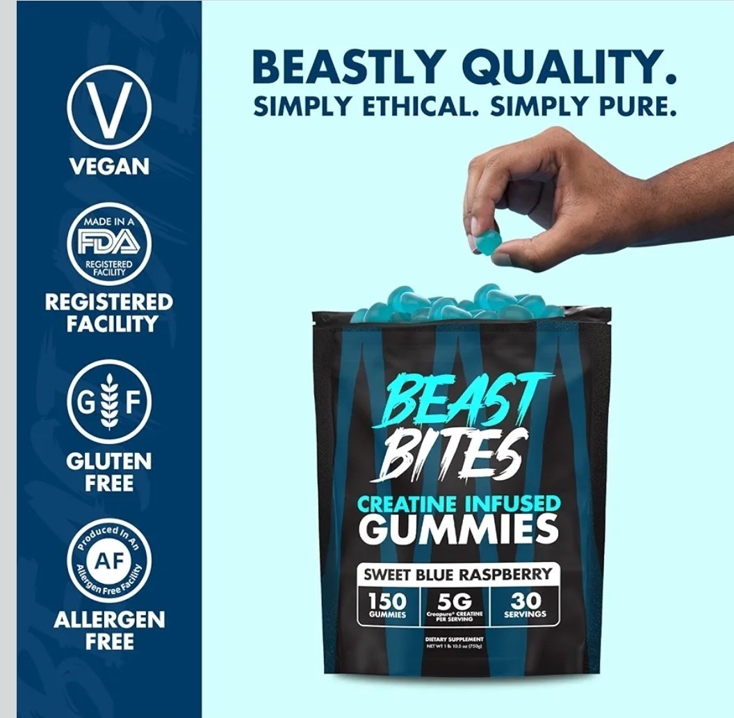 BEAST BITES Creatine Infused Gummies Sweet Blue Raspberry Vegan Gluten Free