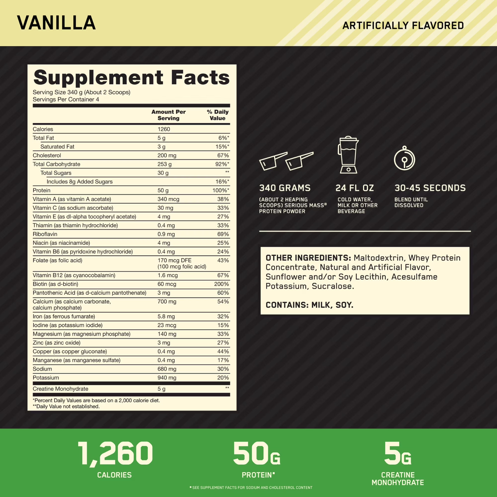 Optimum Nutrition Serious Mass, Vanilla, Weight Gainer Protein Powder, 3 lb