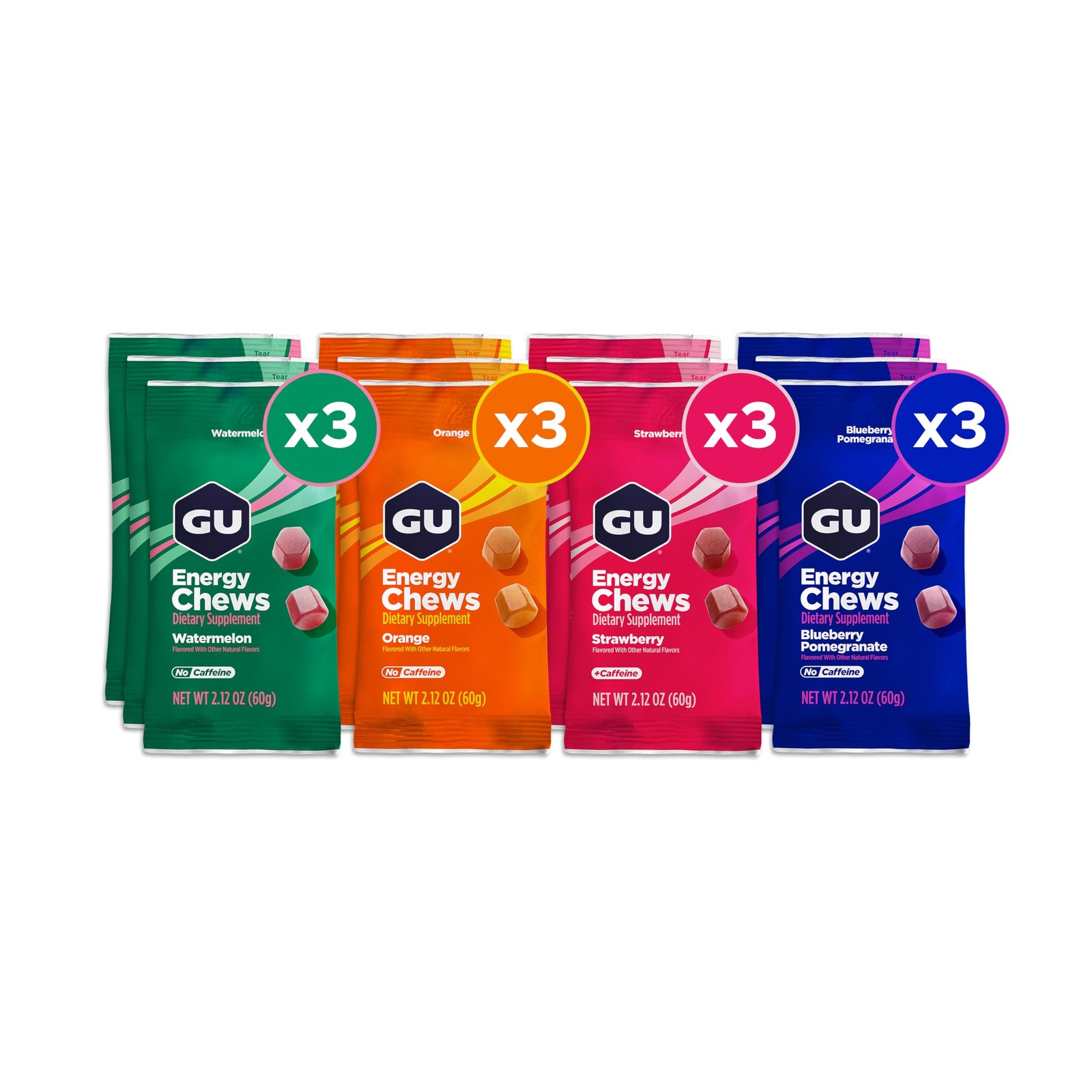 GU Energy Chews, Variety Pack Gummies with 1 Count (12 bags), Assorted
