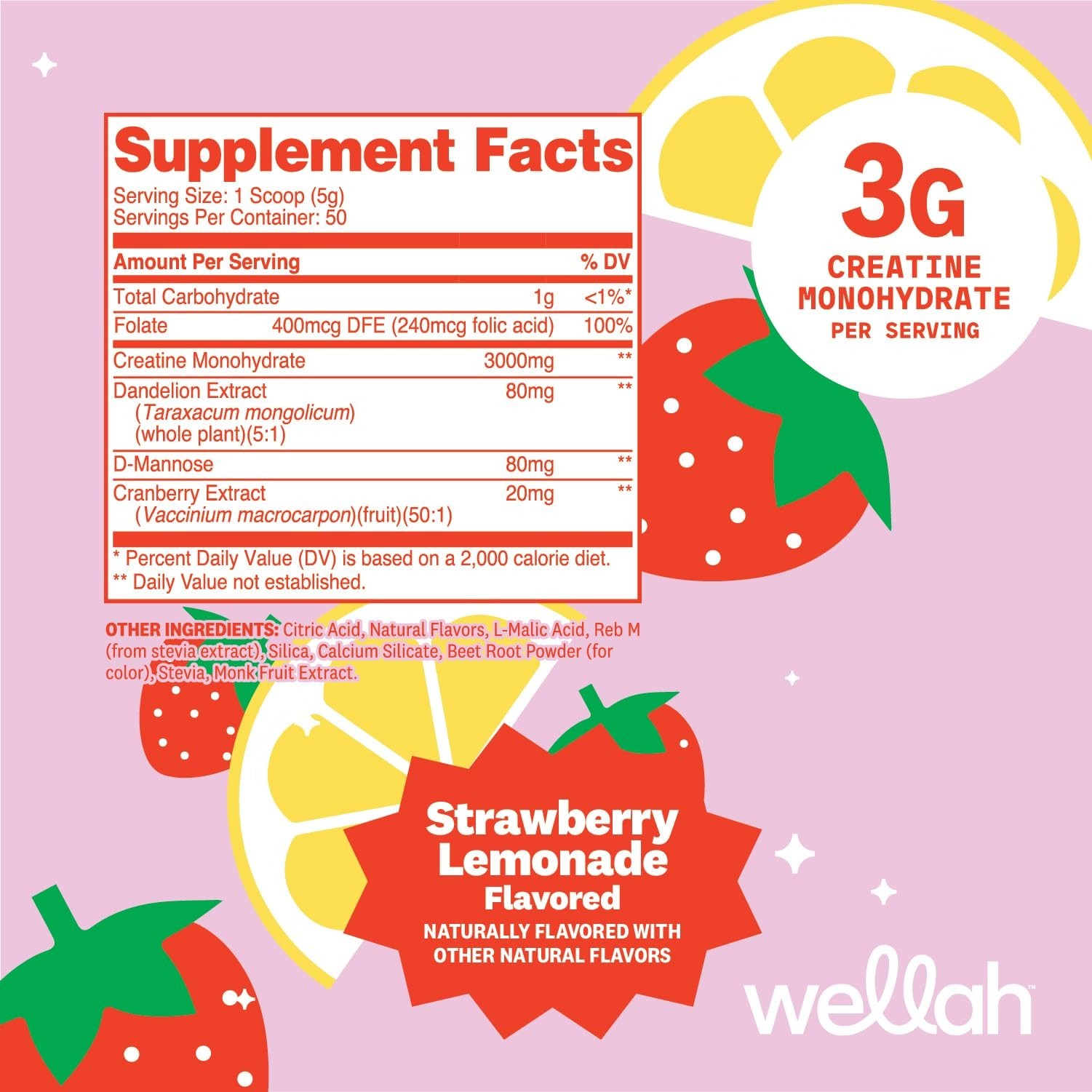 Creatine Monohydrate for Women – Strawberry Lemonade Flavor, 50 Servings, Dandel