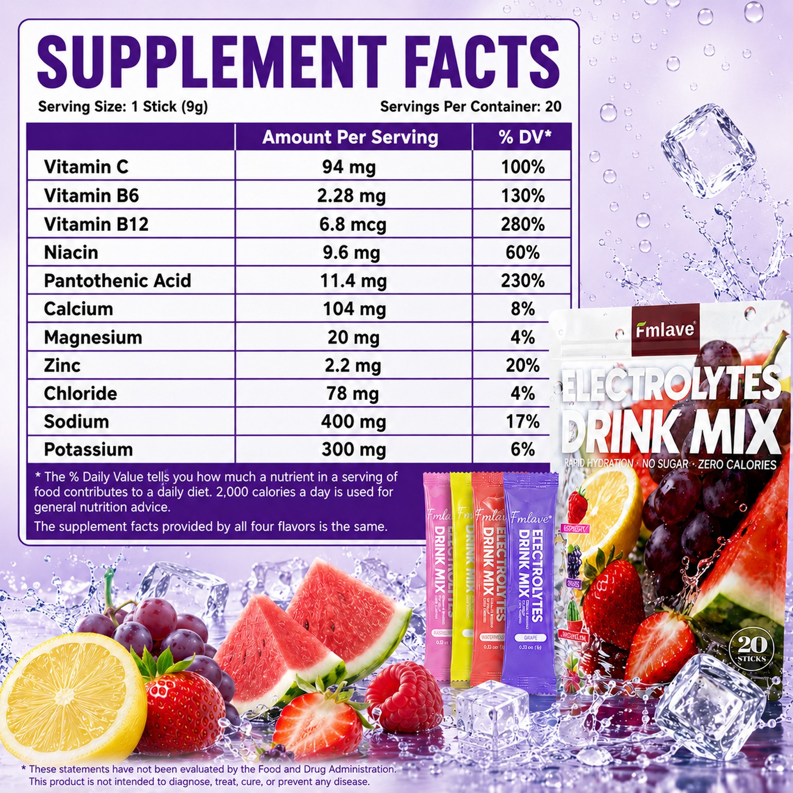 Hydration Mix Sport Drink Powder Sugar Free Essential Electrolyte 20 Sachets