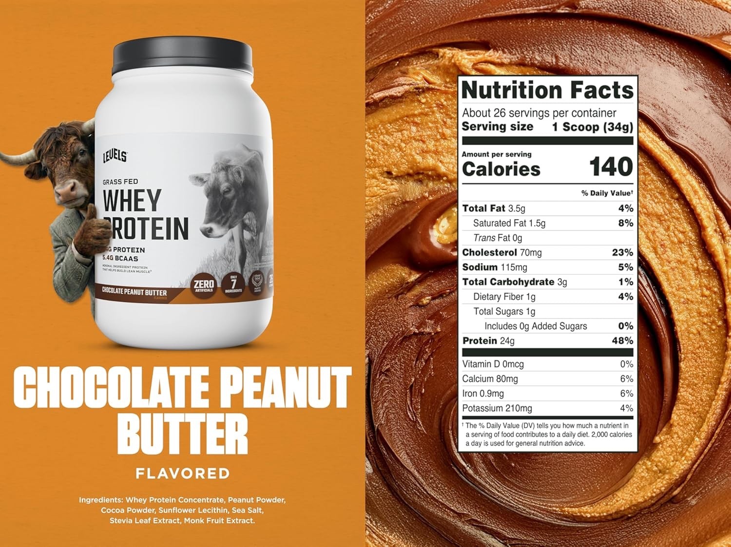Levels Grass Fed Whey Protein Powder, 24G of Protein, Chocolate Peanut B, 2LB