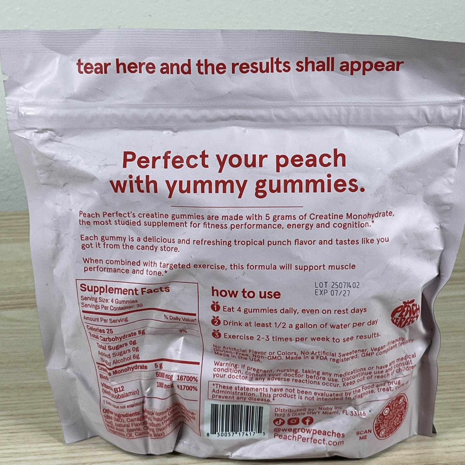 Peach Perfect Creatine Monohydrate Gummies Tropical Punch EXP 06/2027