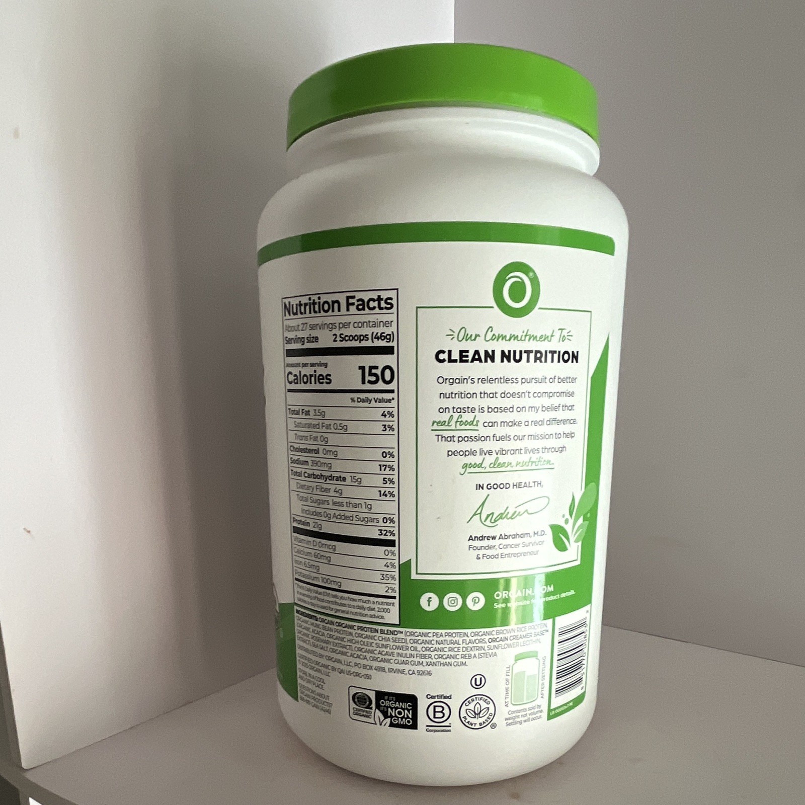 Orgain Organic Plant-Based Protein Powder Vanilla Bean 2.74 lb Vegan Non-GMO