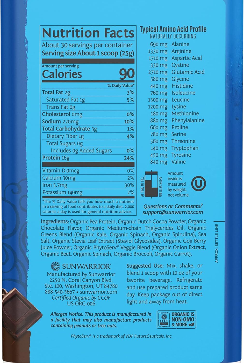 Sunwarrior Warrior Blend Protein Greens Powder Chocolate Flavored 30 Servings