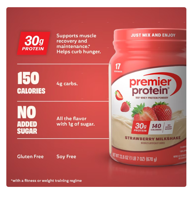 Premier Protein 100% Whey Protein Powder, Strawberry Milkshake, 30g Protein, 23.