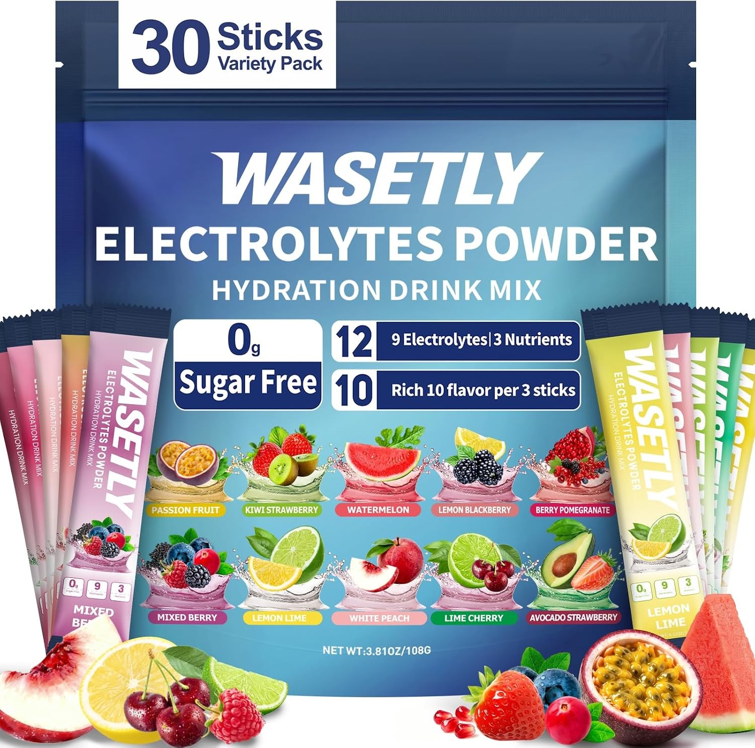 Electrolytes Powder Packets Sugar Free Hydration Packets, 30 Sticks 10 Flavors E