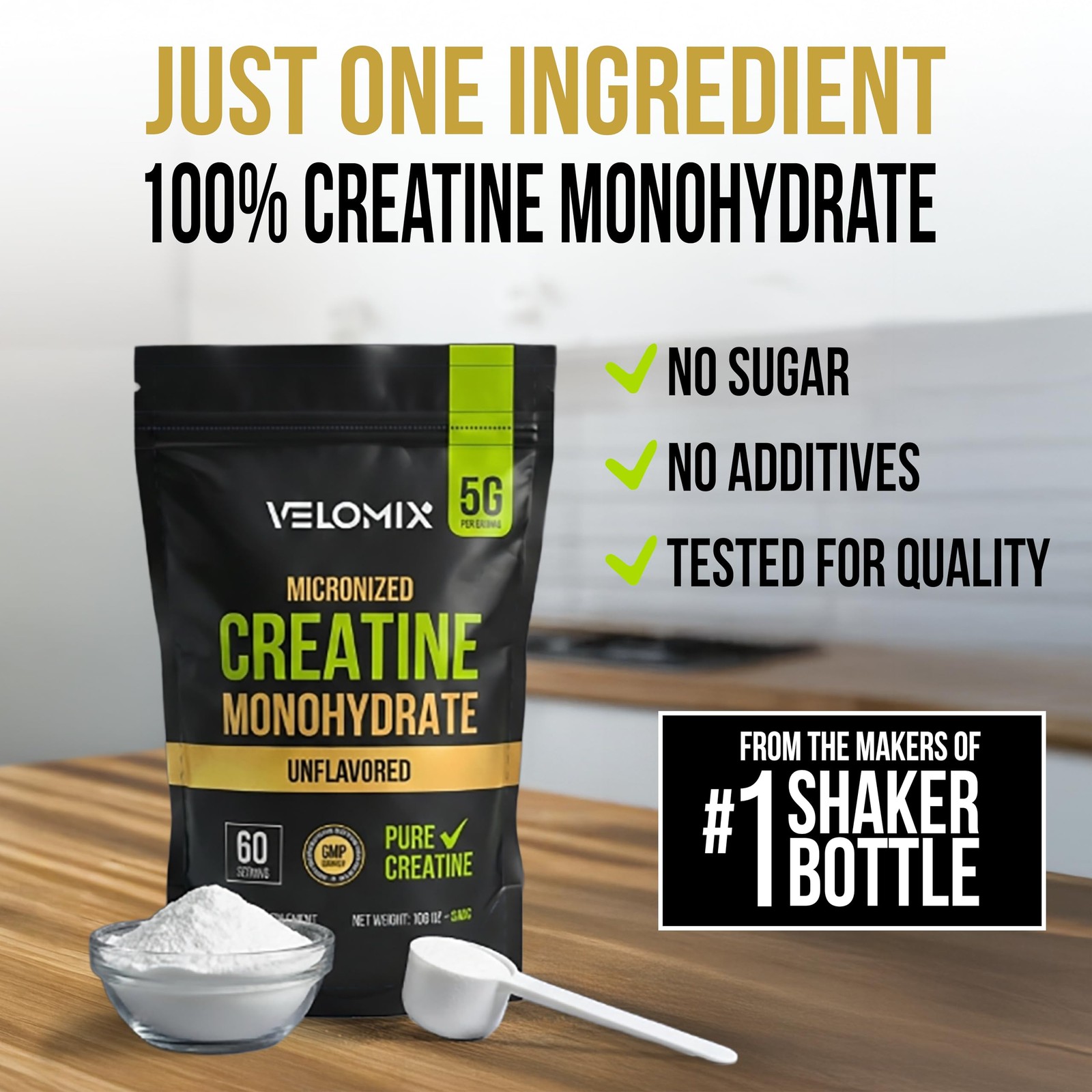 VELOMIX Pure Micronized Unflavored Creatine Monohydrate Powder 60 Servings