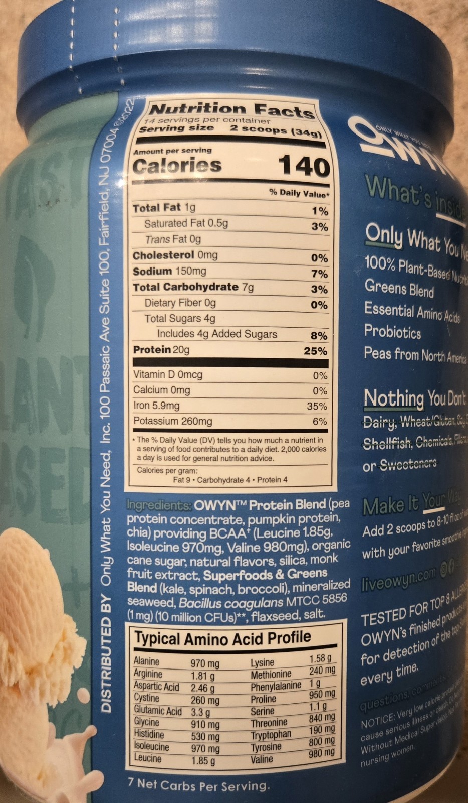 Owyn PLANT BASED PROTEIN 1lb (14 Servings) Natural Smooth Vanilla BEST BY 12/26