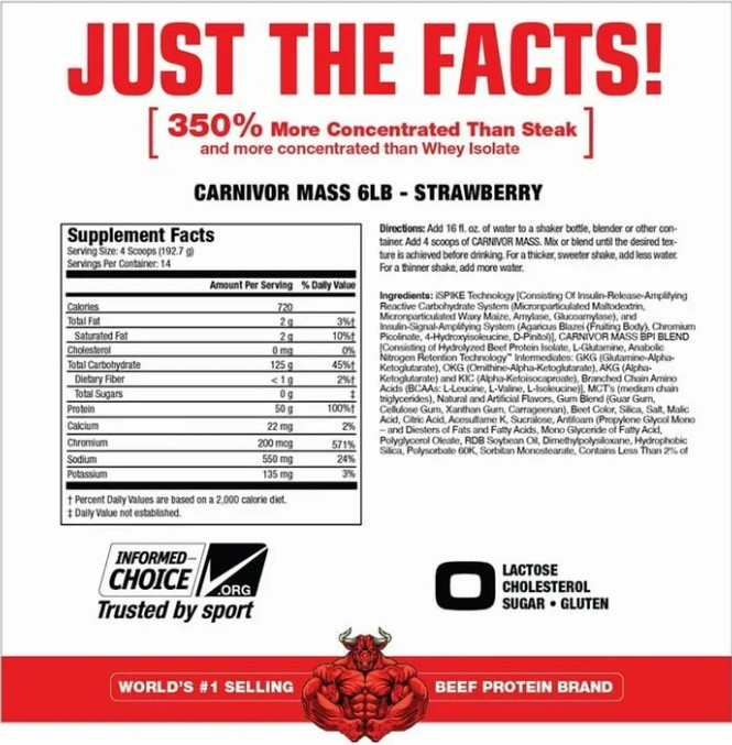 MuscleMeds Carnivor Mass Gainer, Strawberry, 6 lb, 50g Protein