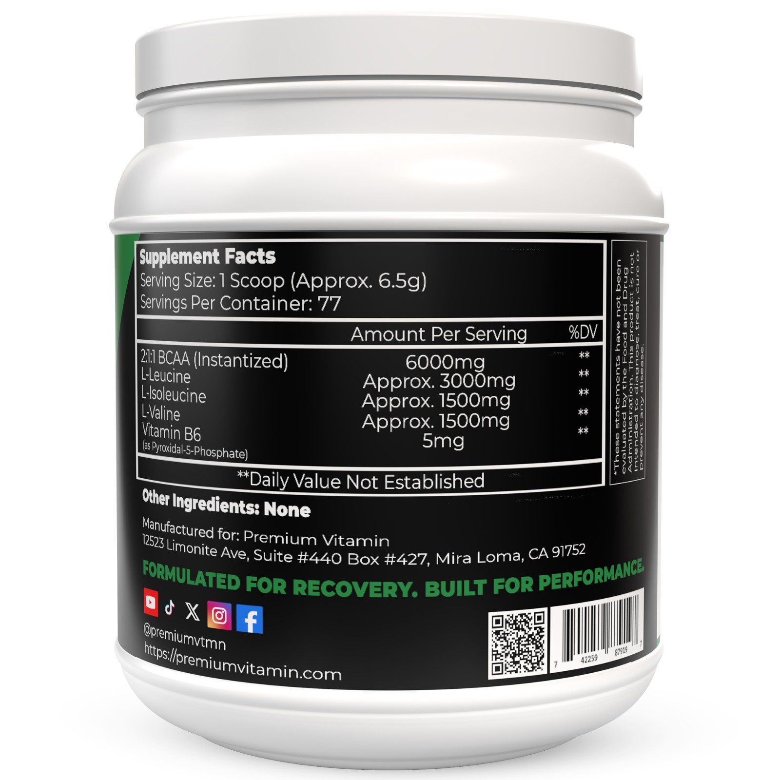 BCAA Amino Acids + B6 Supplement Powder | Unflavored | 77 Servings