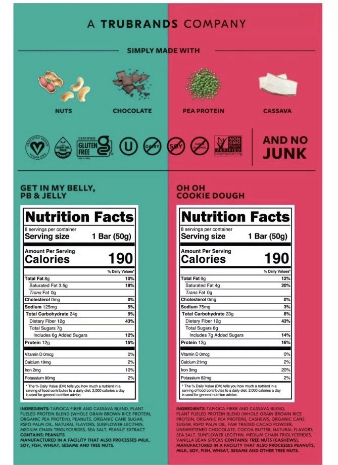 TRUBAR Plant Based Protein Bar Variety Pack Cookie Dough PB & Jelly 16 Bars