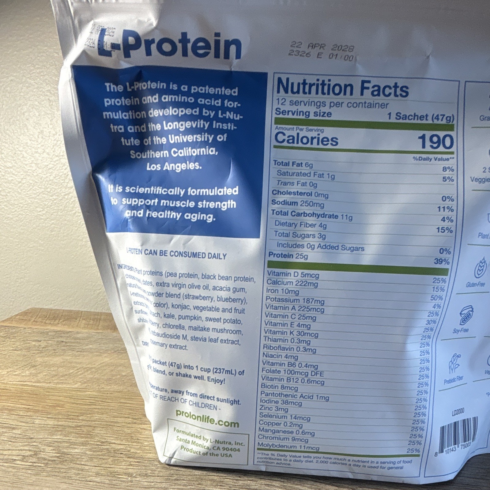 ProLon L-Protein Plant-Based Shake Vegan Non-GMO GF 12 Sachets 47g