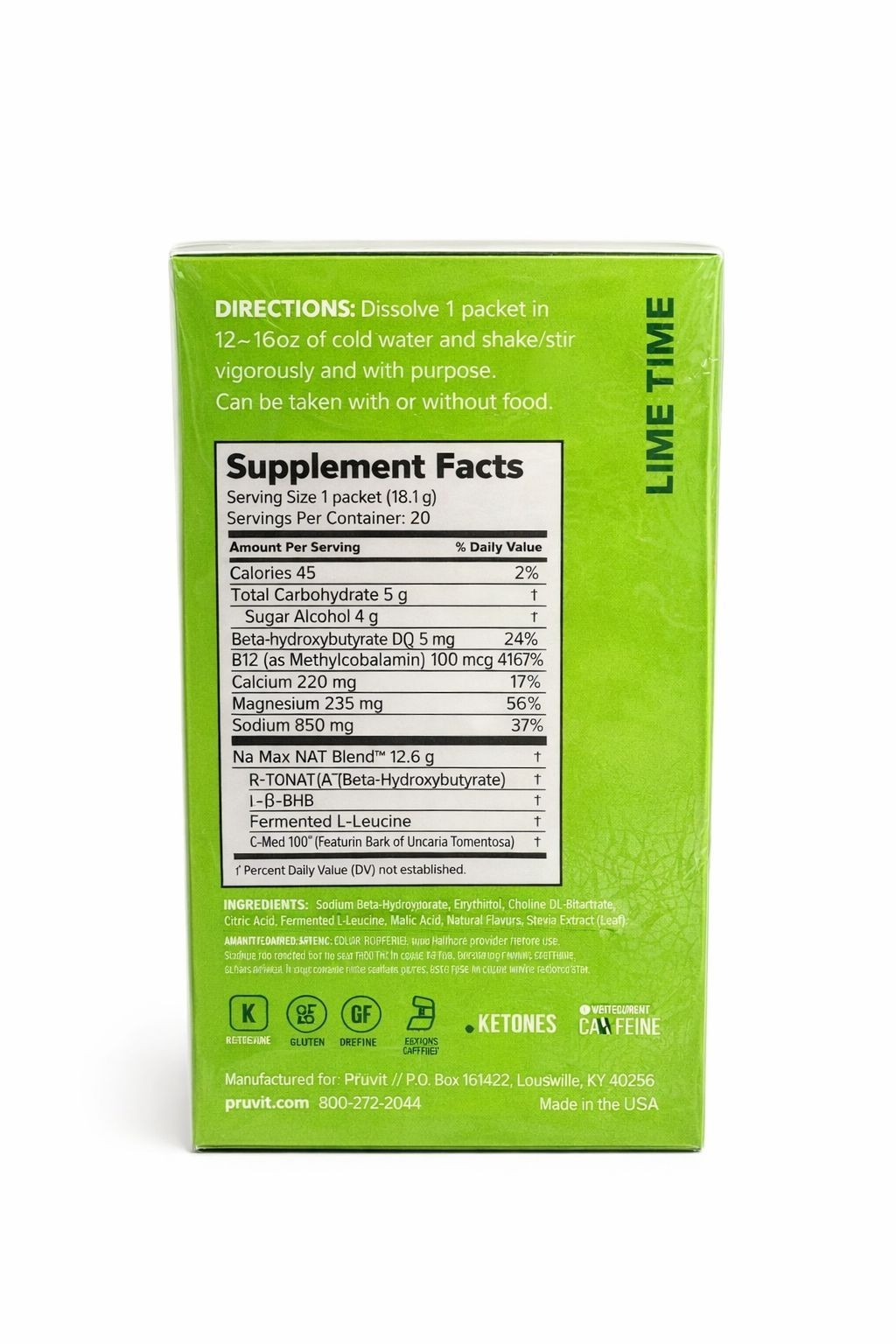 PRUVIT ketone drink Keto Nat LIME TIME Charged 20 pack Free Shipping