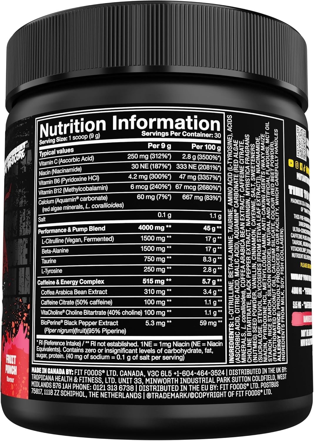 Madness Pre-Workout – Fruit Punch (30 Servings)